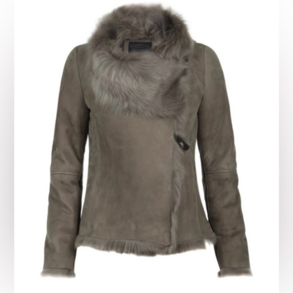 All Saints Taupe Teddy Jacket with Fur Trim